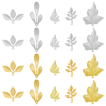 20Pcs 10 Style Brass Pendant, Leaf & Maple Leaf, Platinum & Golden, 23~35.5x14.5~31x0.5~1mm, Hole: 0.6~1.6mm, 2pcs/style