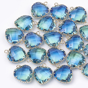 K9 Glass Pendants, Imitation Tourmaline, with Golden Tone Brass Findings, Faceted, Heart, Deep Sky Blue, 20x16.5x8mm, Hole: 2mm