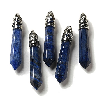 Natural Lapis Lazuli Pointed Big Pendants, Faceted Bullet Charms with Rack Plating Platinum Plated Brass Findings, 56~65x11~11.5x10~10.5mm, Hole: 4X3mm
