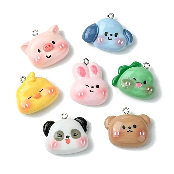 Opaque Resin Pendants, Animals Charms with Platinum Plated Iron Loops, Mixed Color, Mixed Shapes, 22~27.5x22.5~29x8~9mm, Hole: 2mm