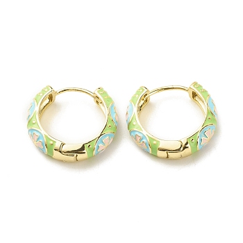 Flower Enamel Hoop Earrings, Gold Plated Brass Hinged Earrings for Women, Lawn Green, 20x22x5mm, Pin: 0.9mm