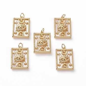 Natural Shell Pendants, with Brass Findings, Rectangle with Eye & Moon & Star, Golden, 24.5x16.5x4.5mm, Jump Ring: 5.5x1mm, Hole: 3.5mm