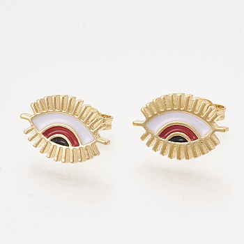 Brass Stud Earrings, with Enamel and Ear Nuts, Eye, Golden, Red, 10x15mm, Pin: 0.7mm