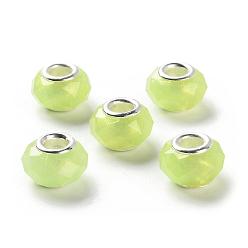 Pearlized Resin European Beads, Faceted Rondelle Large Hole Beads, with Platinum Tone Alloy Double Cores, Green Yellow, 13.5x9mm, Hole: 5mm