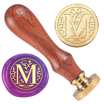 Wax Seal Stamp Set, Golden Tone Sealing Wax Stamp Solid Brass Head, with Retro Wood Handle, for Envelopes Invitations, Gift Card, Letter M, 83x22mm, Stamps: 25x14.5mm