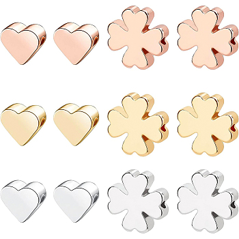30Pcs 6 Style Brass Beads, Lead Free & Cadmium Free & Nickel Free, Clover and  Heart, Mixed Color, 10x10x2.5mm, Hole: 1.2mm, 5pcs/style