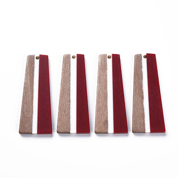 Resin & Walnut Wood Pendants, Trapezoid, Dark Red, 49x19x3mm, Hole: 2mm