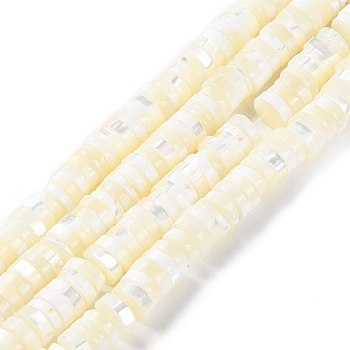 Natural Trochus Shell Beads Strands, Flat Round/Disc, Heishi Beads, Floral White, 7~7.5x2~2.5mm, Hole: 1mm, about 153~155pcs/strand, 15.28~15.55''(38.8~39.5cm)