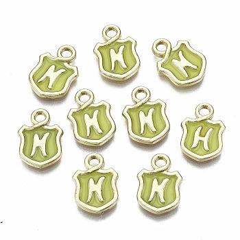 Alloy Enamel Charms, Cadmium Free & Lead Free, Shield with Initial Letters, Light Gold, Letter.N, 14x10x2mm, Hole: 2mm