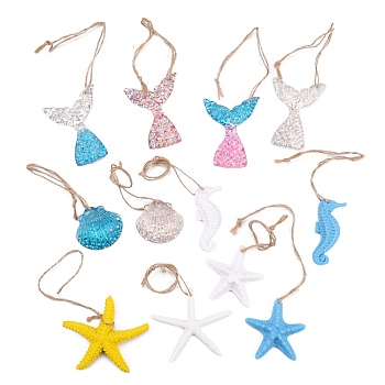 AHADERMAKER Hanging Resin Pendant Decorations, Mediterranean Style, Wall Decoration, Starfish & Mermaid Tail & Shell & Sea Horse, Mixed Color, 73x70x11mm