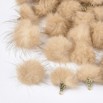 Faux Mink Fur Tassel Pendant Decorations, with Alloy Findings, Antique Golden, Navajo White, 20~30x28~30mm, Hole: 1.8mm
