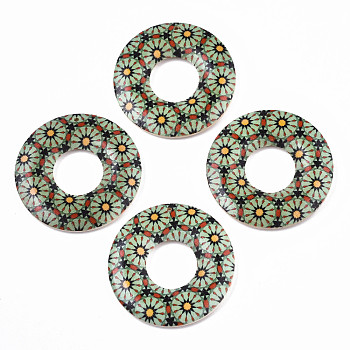 Printed Wood Pendants, Donut with Floral Pattern, Medium Aquamarine, 45x5mm, Hole: 1.6mm