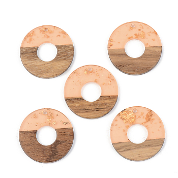 Transparent Resin & Walnut Wood Pendants, with Gold Foil, Flat Round, Dark Salmon, 28x3mm, Hole: 2mm