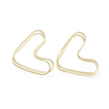 Brass Stud Earrings, with Ear Nuts and 925 Sterling Silver Pin, Heart, Golden, 43~44x36~37mm, Pin: 0.7mm