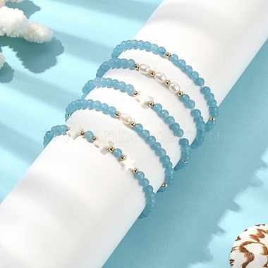 5Pcs 5 Style Natural Dyed White Jade & Pearl & Shell Star Beaded Stretch Bracelets Set(BJEW-JB09495-05)-6