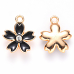 Alloy Enamel Pendants, with Crystal Rhinestone, Sakura Flower, Light Gold, Black, 17x14x3mm, Hole: 1.8mm(ENAM-S121-052A)