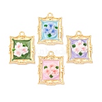 Resin Enamel Pendants, Rectangle with Flower, with Alloy Edge, Cadmium Free & Nickel Free & Lead Free, Rack Plating, Golden, 25.5x19x5.5mm, Hole: 2mm(FIND-M060-07G)