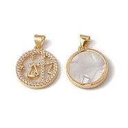 Rack Plating Brass Shell Pendants, with Cubic Zirconia & Natural Shell, Flat Round with Constellation Charms, Cadmium Free & Lead Free, Long-Lasting Plated, Real 18K Gold Plated, Libra, 19x16x3mm, Hole: 4x3.5mm(KK-D087-25G-07)
