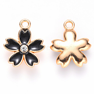 Alloy Enamel Pendants, with Crystal Rhinestone, Sakura Flower, Light Gold, Black, 17x14x3mm, Hole: 1.8mm(ENAM-S121-052A)