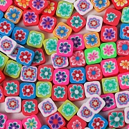 Handmade Polymer Clay Beads, for DIY Jewelry Crafts Supplies, Square with Flower, Mixed Color, 10x10x4mm, Hole: 2mm(HUDU-PW0001-122)
