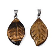 Natural Tiger Eye Pendants, Leaf Charm, with Stainless Steel Color Tone Stainless Steel Findings, 29x15x4.5mm, Hole: 2.5x5mm(G-S364-076A-01)