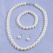 Round Plastic Imitation Pearl Beaded Necklaces & Dangle Earring & Bracelets Sets, Alloy Jewelry Sets for Women, White, 400mm(FS-WGF01A4-01)