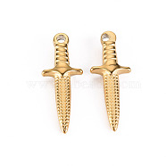 304 Stainless Steel Pendants, Dagger, Real 14K Gold Plated, 24x9x4mm, Hole: 1.4mm(STAS-S116-159G)