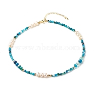 Natural Pearl Beaded Necklace, Round Natural Striped Agate Reiki Beads Necklace for Women, Golden, Deep Sky Blue, 16 inch(40.5cm)(NJEW-JN03765-01)