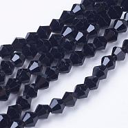 Imitation Austrian Crystal 5301 Bicone Beads, Faceted Glass Beads Strands, Black, 4x4mm, Hole: 1mm, about 88~89pcs/strand, 12.99~13.39 inch(GLAA-S026-10)