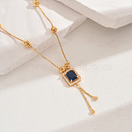 Fashionable Vintage Brass & Glass Tassel Rectangle Pendant Necklaces for Women, Real 18K Gold Plated, Blue, 17.52 inch(44.5cm)(WB8408-7)