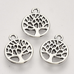 Tibetan Style Alloy Pendants,  Cadmium Free & Lead Free, Flat Round with Tree of Life, Antique Silver, 13.5x10x1.5mm, Hole: 1.2mm(X-TIBEP-T009-25AS-RS)