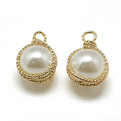 ABS Plastic Imitation Pearl Charms, with Brass Findings, Round, Real 18K Gold Plated, 14x9x8mm, Hole: 1.5mm(X-KK-T032-091G)