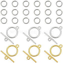 60Pcs 2 Colors Tibetan Style Alloy Toggle Clasps, Flat Round, with 200Pcs 304 Stainless Steel Jump Rings, Platinum & Golden, Flat Round: 15x2mm, Hole: 2mm, Bar: 21mm, Hole: 2mm, 30pcs/color(FIND-SC0008-20)