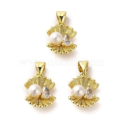 Rack Plating Real 18K Gold Plated Brass Pendants, with Cubic Zirconia & Plastic Imitation Pearl, Long-Lasting Plated, Lead Free & Cadmium Free, Shell, Seashell Color, 14x11x6mm, Hole: 5x3.5mm(KK-B077-02A)