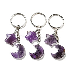 Reiki Natural Amethyst Moon & Star Pendant Keychains, with Iron Keychain Rings, 7.8cm(KEYC-P015-02P-02)