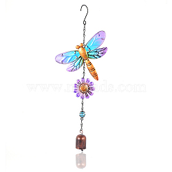 Bell Wind Chimes, Glass & Iron Art Pendant Decorations, Dragonfly, Colorful, 420x170mm(WICH-PW0001-83)