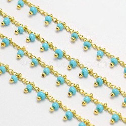 3.28 Feet Eco-Friendly Brass Glass Handmade Beaded Chains, Soldered, Nickel Free, Golden, Turquoise, 5.5x2mm(X-CHC-I006-05G-NF)