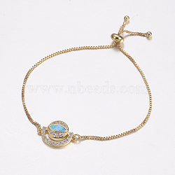 Adjustable Brass Bolo Bracelets, Slider Bracelets, with Synthetic Opal and Cubic Zirconia, Flat Round with Eye, Golden, Deep Sky Blue, 9 inches(228mm),1mm, Link: 18x13x3mm(BJEW-G593-01G-A)