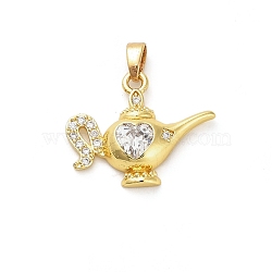 Brass Micro Pave Cubic Zirconia Pendants, with Glass, Kettle Charms, Real 18K Gold Plated, 18x22x4mm, Hole: 5x2.5mm(KK-M314-13G)