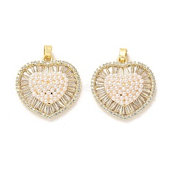 Brass Micro Pave Cubic Zirconia Pendants, with ABS Imitation Pearl, Long-Lasting Plated, Heart, Golden, 25x24.5x6mm, Hole: 4x2.8mm(KK-K355-16G)