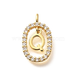 Brass Micro Pave Cubic Zirconia Pendants, Real 18K Gold Plated, Oval with Letter Charms, Letter Q, 18.5x11x3.5mm, Hole: 2x1.5mm(ZIRC-P123-01G-Q01)