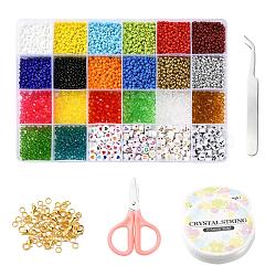 DIY Jewelry Making Kits, Including Round Glass Seed Beads, Bicone & Flat Round Acrylic Beads, Rondelle Glass Beads, Elastic Crystal Thread, Tweezers, Scissors, Alloy Clasps and Iron Rings, Mixed Color, Beads: 3~3.5x2~3mm, Hole: 1~1.2mm, 3~7x3~4mm, Hole: 0.4~2mm, 4120pcs/set(DIY-YW0003-18)