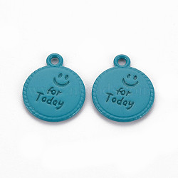 Spray Painted Alloy Pendants, Cadmium Free & Lead Free, Flat Round with Word For Today, Teal, 17x14x1.5mm, Hole: 1.8mm(PALLOY-Q433-030B-RS)