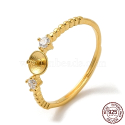 925 Sterling Silver Micro Pave Cubic Zirconia Adjustable Ring Settings, for Half Drilled Beads, Real 18K Gold Plated, US Size 7(17.3mm), Pin: 0.9mm(STER-NH0001-61G)