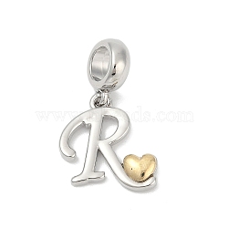 Brass European Dangle Charms, Heart Letter Large Hole Pendants, Platinum & Golden, Letter R, 25.5~30.5mm, Hole: 6mm(KK-Z097-01R-GP)