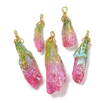 Electroplated Raw Rough Natural Quartz Crystal Big Pendants, Nuggets Charms with Copper Wire Loops, Golden, Camellia, 40~48x13~23x10~20mm, Hole: 4.5~5mm