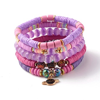 Natural Lava Rock & Polymer Clay Heishi Beads Stretch Bracelets Sets, Earth Charm Stackable Bracelets for Women, Purple, Inner Diameter: 2 1/8~2-1/4 inch(5.3~5.8cm), 5pcs/set