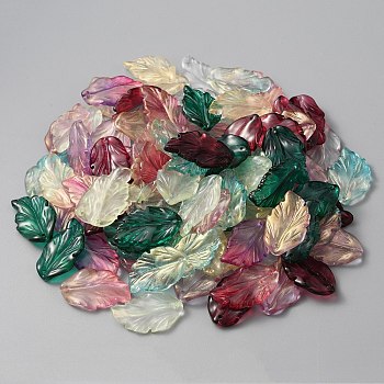 Glass Pendants, with Gold Sands, Leaf Charms, Mixed Color, 28x17x3.5mm, Hole: 1.2mm