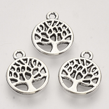 Tibetan Style Alloy Pendants,  Cadmium Free & Lead Free, Flat Round with Tree of Life, Antique Silver, 13.5x10x1.5mm, Hole: 1.2mm