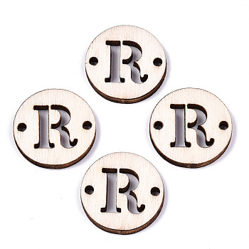 Unfinished Natural Poplar Wood Links Connectors, Laser Cut, Flat Round with Word, Letter.R, 19.5x2.5mm, Hole: 2mm